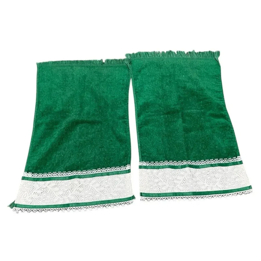 Vintage Two NEW Embroidered Shamrock Irish Facecloths and Green Lace Handtowels